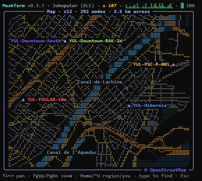 The map: repeaters with their names, on an OpenStreetMap basemap of the Lachine Canal
