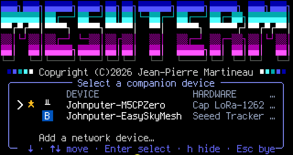 MeshTerm on the display of a Cardputer Zero: the wordmark, then the list of devices, with the Cap LoRa-1262 at the top
