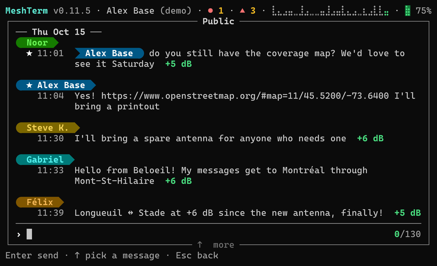 The chat on the Public channel: each sender in a chip of the colour of their key, with the time and the SNR of each message