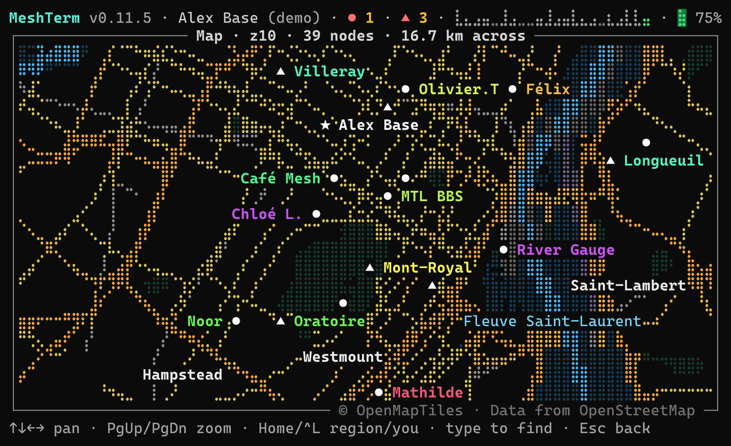The map: the nodes of the demo mesh over Montréal, with their names, on an OpenStreetMap basemap