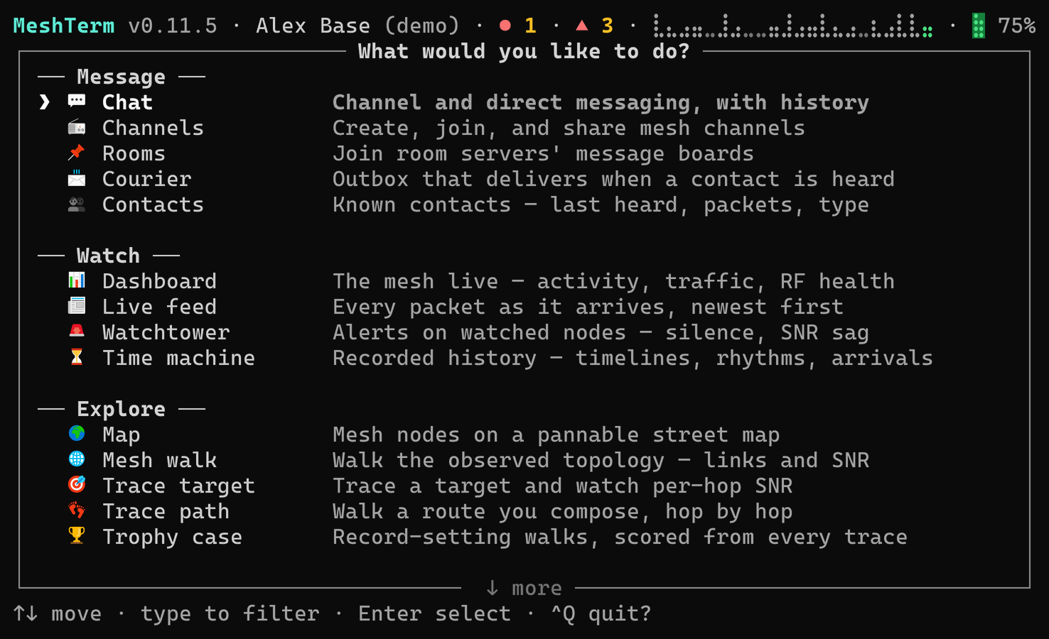 The main menu: the tools in groups (Message, Watch, Explore), and a header that shows one unread message and three alerts